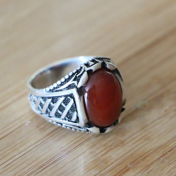 925 Sterling Silver Men's Ring Natural Red Agate - Picture 1 of 11